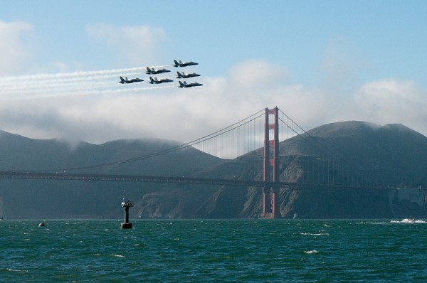 Blue Angels fly by the Golden Gate Bridge